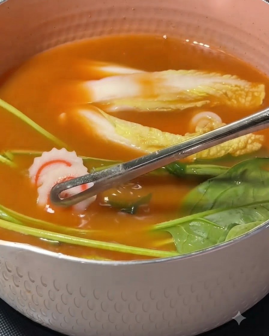 Eine Zange legt in Scheiben geschnittene, spiralförmige Naruto-Fischkuchen in einen Topf gefüllt mit Brühe, Chinakohl und Spinat.