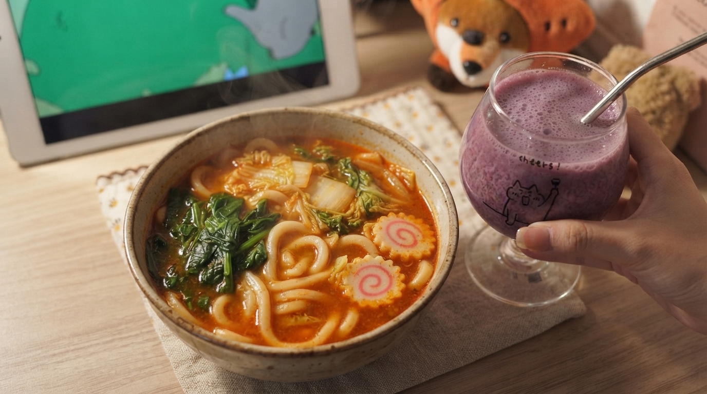 Eine dampfende Schale mit scharfen Miso-Udon-Nudeln, frischem Blattgrün und Naruto-Fischkuchen, serviert neben einem cremigen, lilafarbenen Trauben-Milchgetränk.