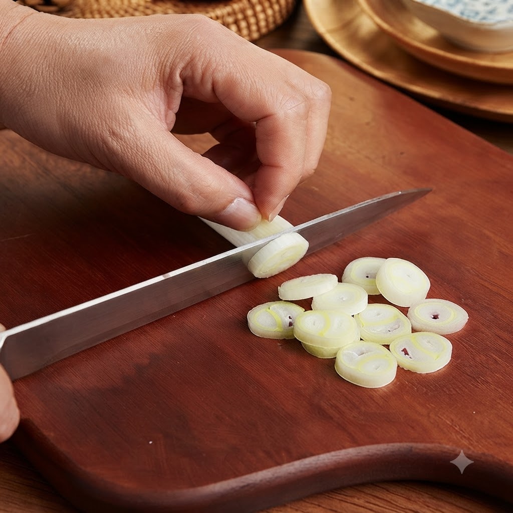 Dünne Frühlingszwiebelringe und gehackter Knoblauch auf einem Holzschneidebrett angeordnet.