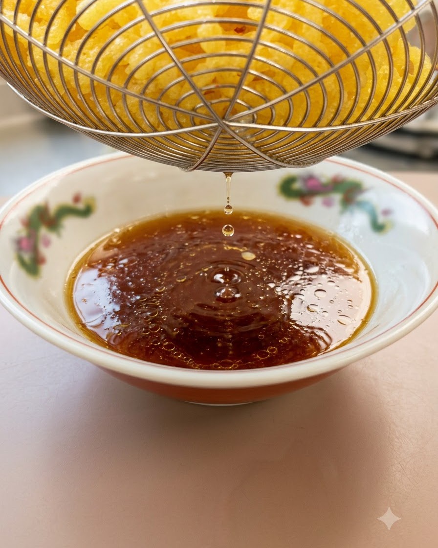 Dicke gelbe Ramen-Nudeln werden aus einem Sieb gehoben und tropfen Wasser in eine gemusterte Schüssel voller Sauce.