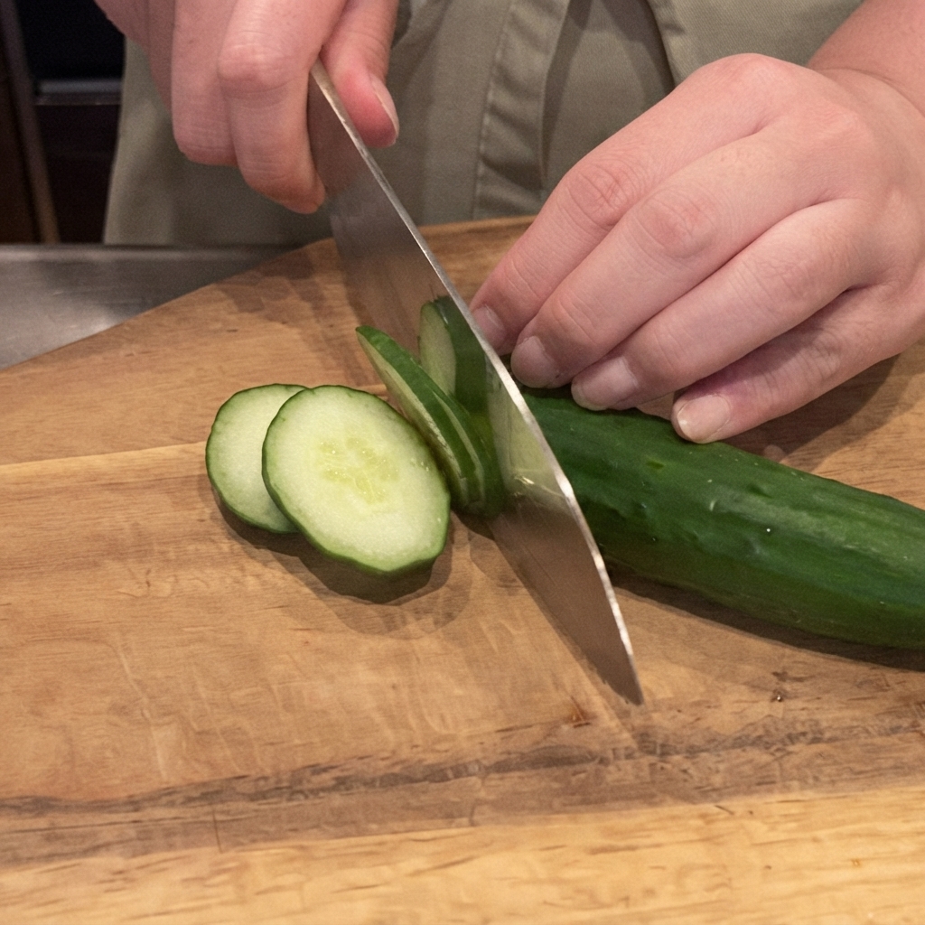Ein scharfes Messer schneidet eine frische grüne Gurke in dünne Scheiben auf einem Holzschneidebrett.