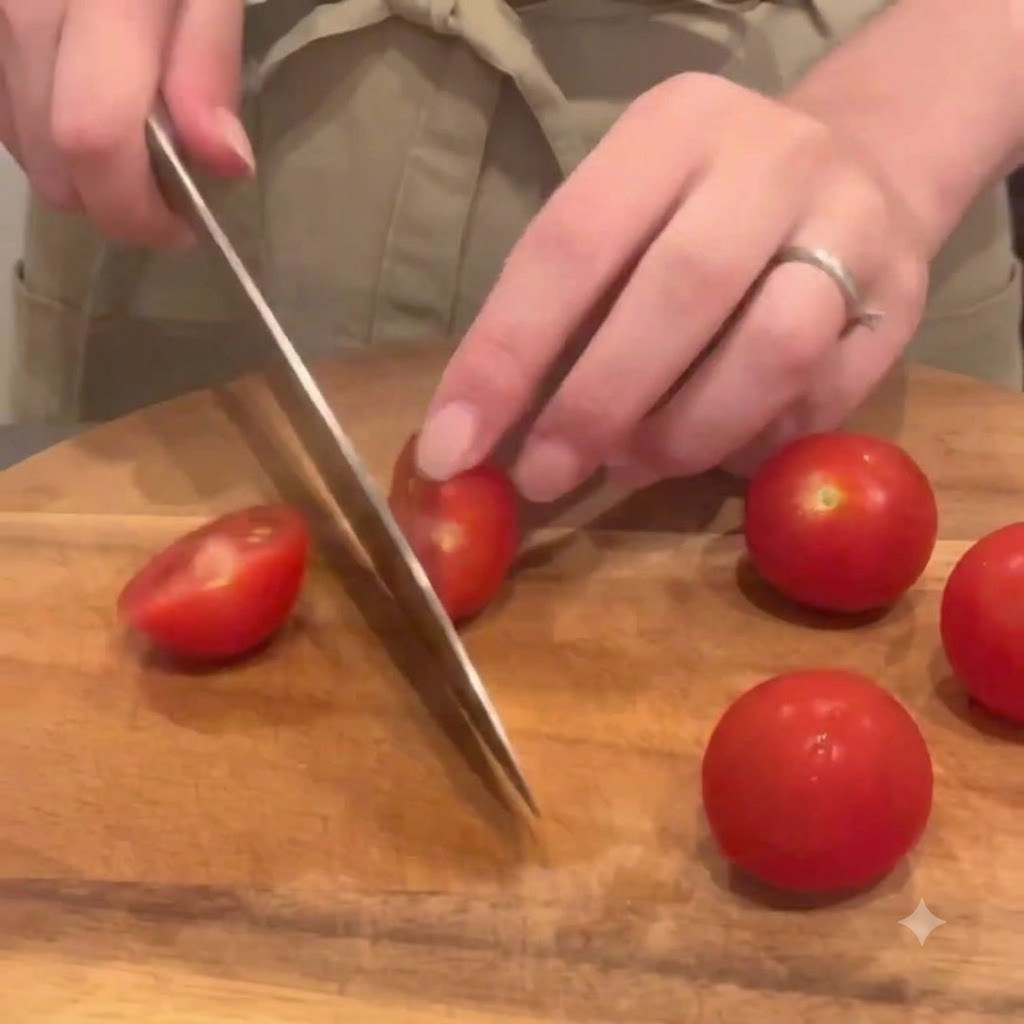 Frische rote Kirschtomaten werden mit einem Messer auf einem Holzschneidebrett halbiert.