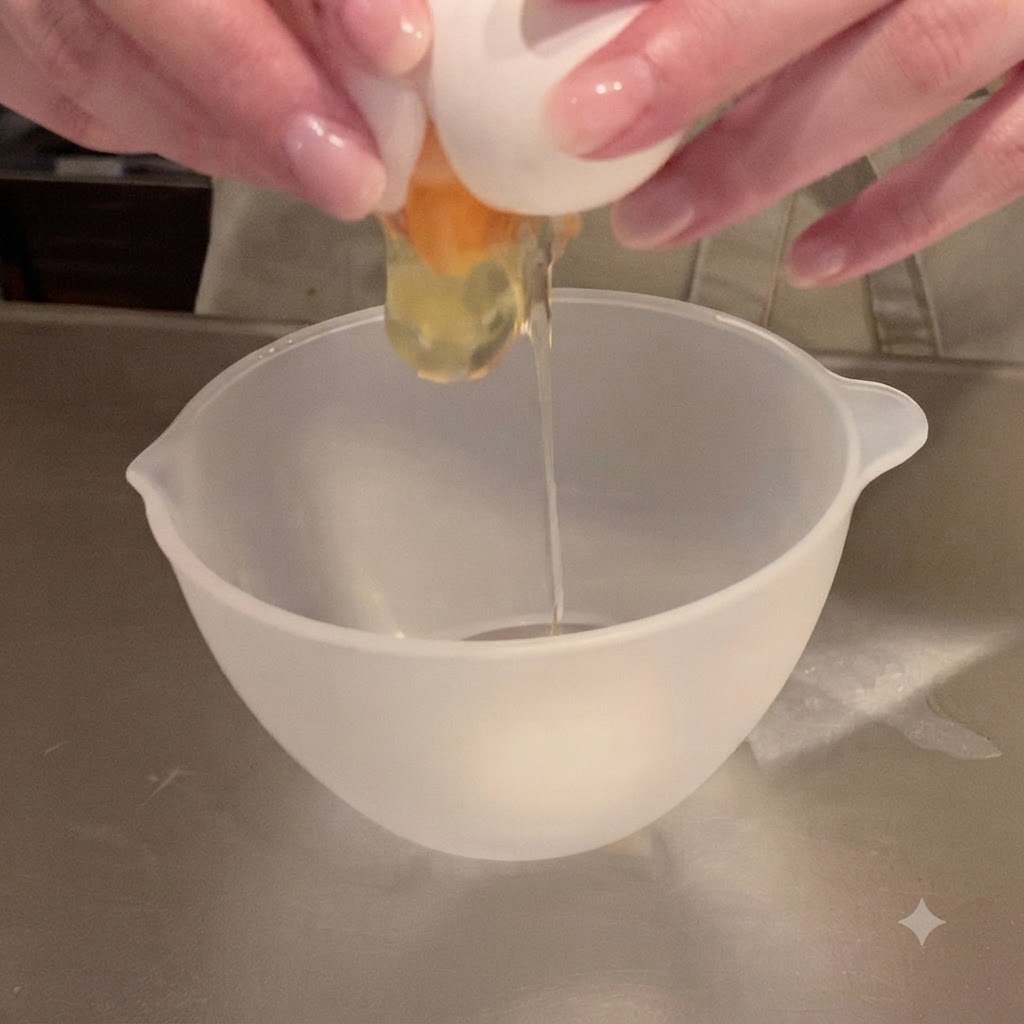 Ein Ei wird aufgeschlagen, wobei Eigelb und Eiweiß in eine leere Rührschüssel tropfen.