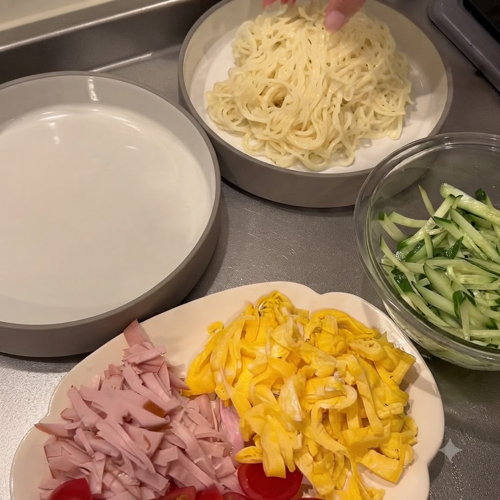 Eine Servierschüssel mit Nudeln neben separaten Tellern mit geraspelter Gurke, Schinken und Eierstreifen.