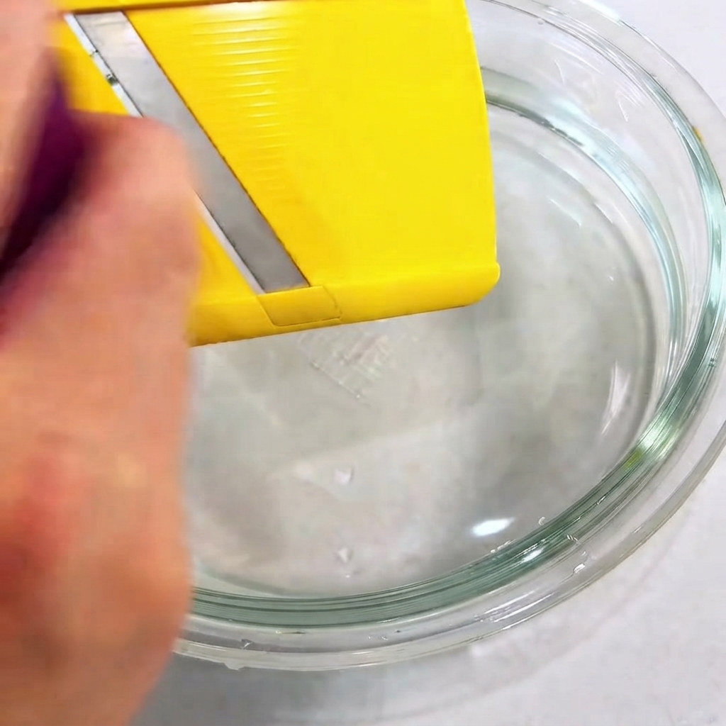 Nahaufnahme einer roten Zwiebel, die mit einem Gemüsehobel in eine Glasschüssel mit Wasser geschnitten wird.