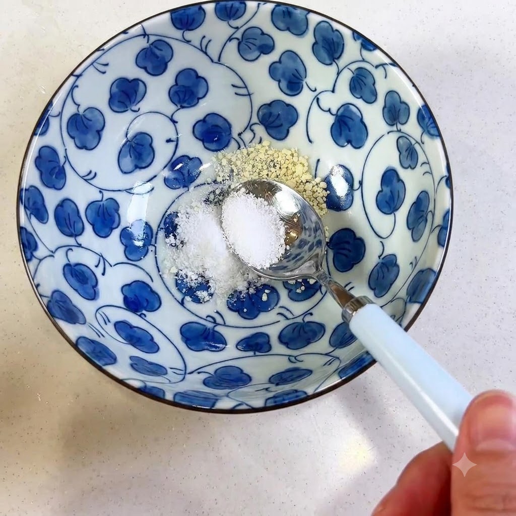 Ein Löffel schöpft und misst Gewürze in eine dekorative blau-weiße Keramikschüssel.