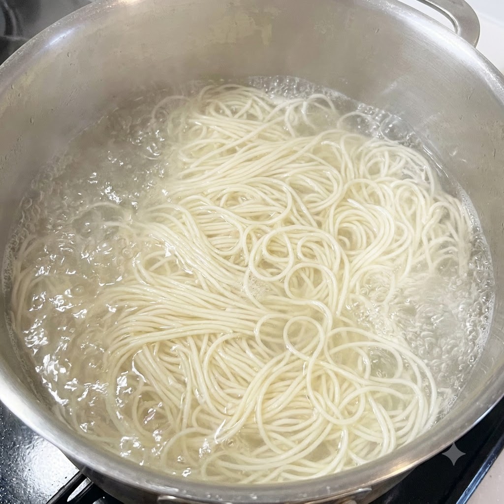Trockene Somen-Nudeln kochen in einem großen Edelstahl-Topf.