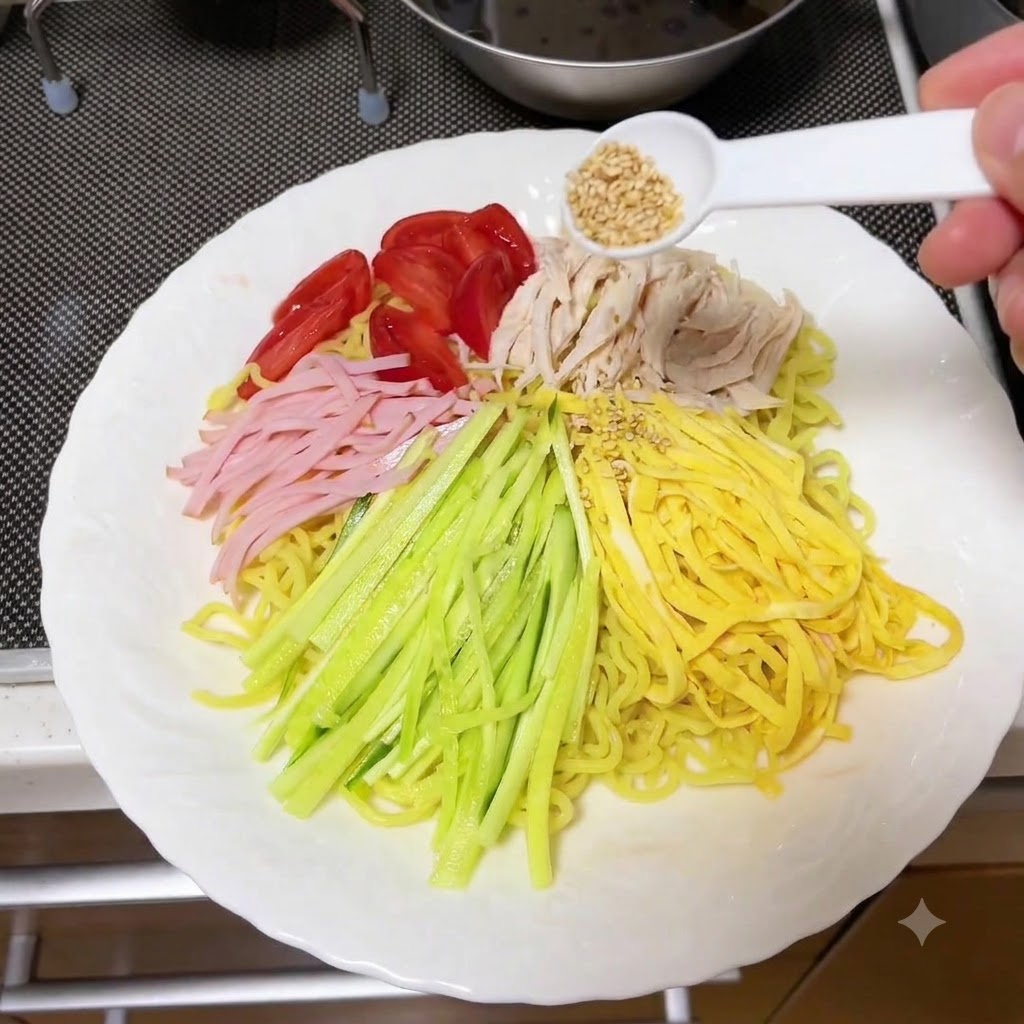Toppings wie Gurke, Schinken und Tomaten werden mit Sesamsamen über Nudeln garniert.