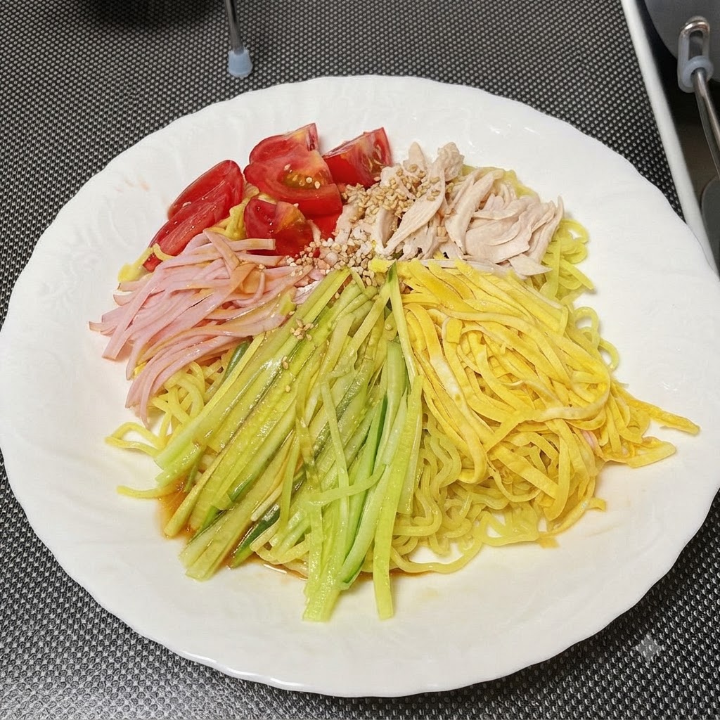 Würzsauce wird über die angerichteten kalten Nudeln und Toppings gegossen.