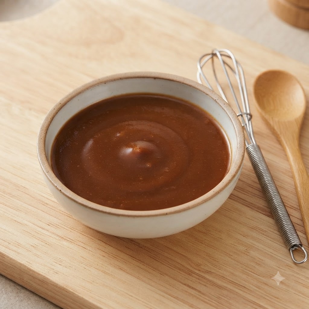 Eine kleine Schüssel mit einer glatten Miso-Sojasoßen-Mischung neben einem kleinen Schneebesen.