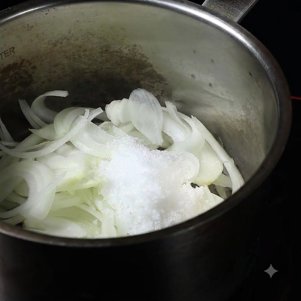 Weißer Zucker wird über Zwiebelstreifen in einen Edeltahltopf gestreut.