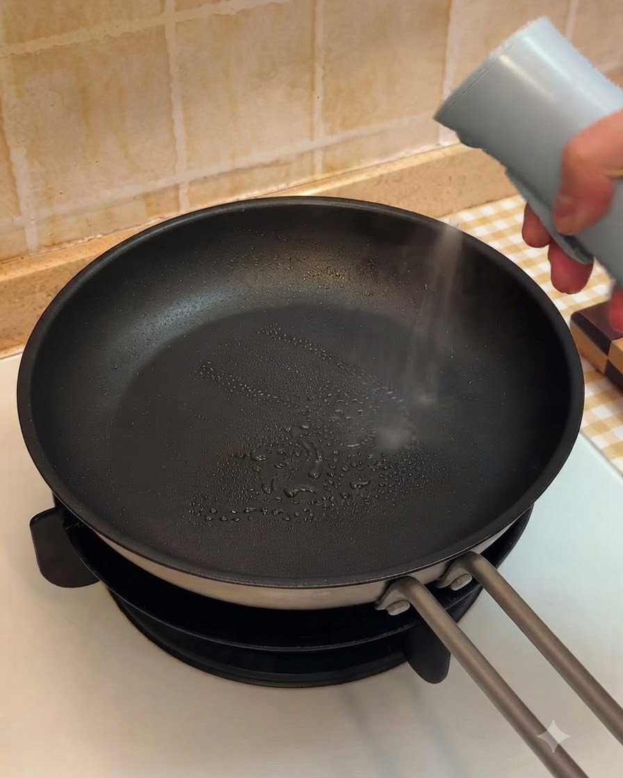 Eine heiße Pfanne wird vor dem Kochen des Rindfleischs leicht mit einer Sprühflasche geöl.