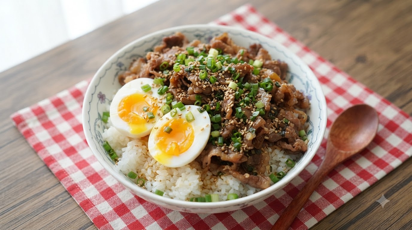 Rinder-Reis-Schale mit Frühlingszwiebeln und weichgekochten Eiern