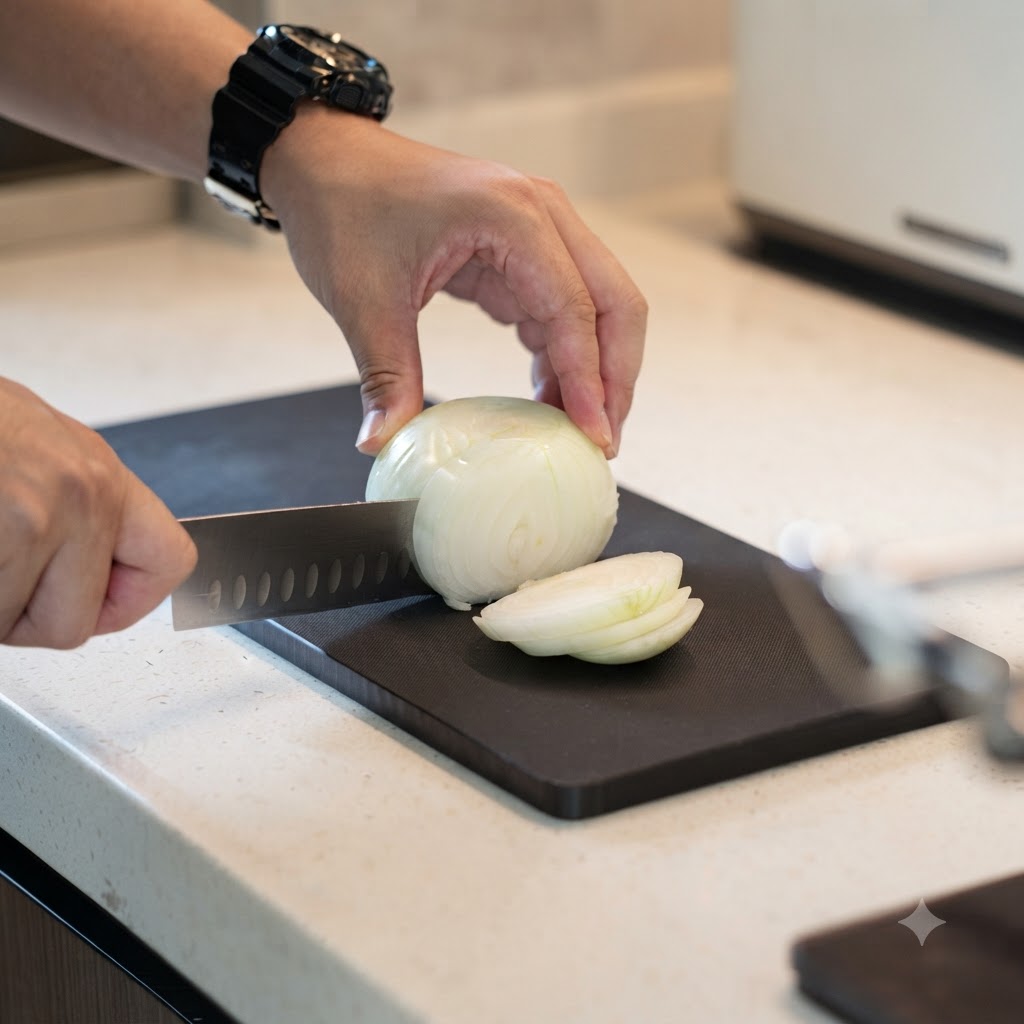 Hände schneiden eine weiße Zwiebel in dünne Streifen auf einem schwarzen Schneidebrett.
