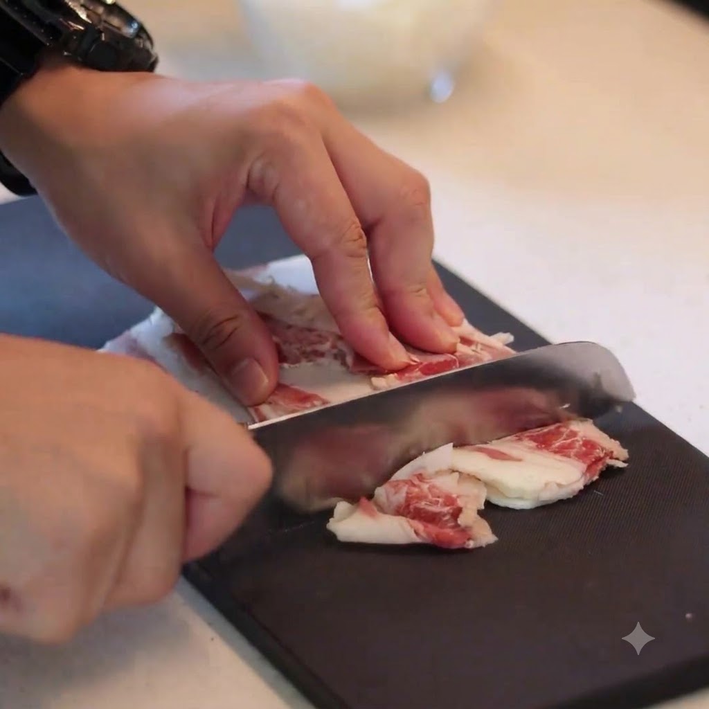 Hände schneiden mit einem scharfen Küchenmesser Streifen von marmoriertem Rindfleisch auf einem schwarzen Schneidebrett in kleinere Stücke.