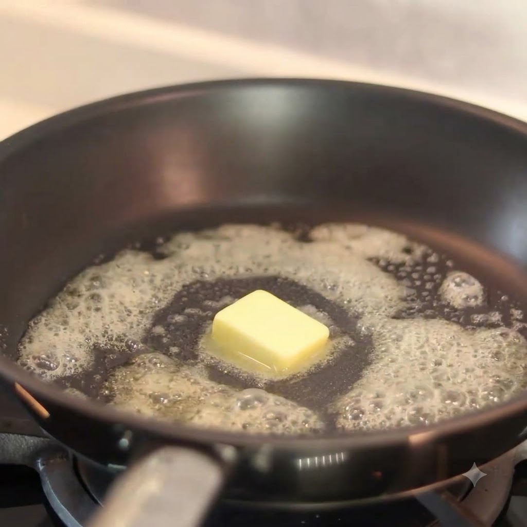 Geschnittene Zwiebeln werden in die Pfanne mit geschmolzener Butter gegeben und beginnen bei mittlerer Hitze zu garen.