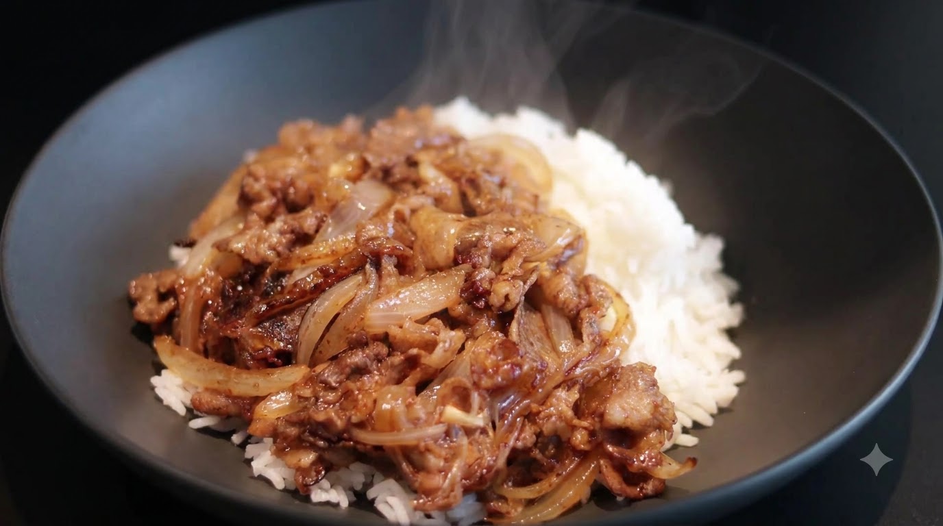 Butter-Zwiebel Rindfleisch Rice Bowl