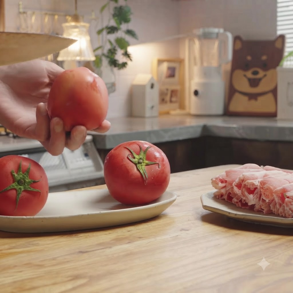 Jemand ritzt eine frische rote Tomate kreuzweise auf einem Holzschneidebrett ein.