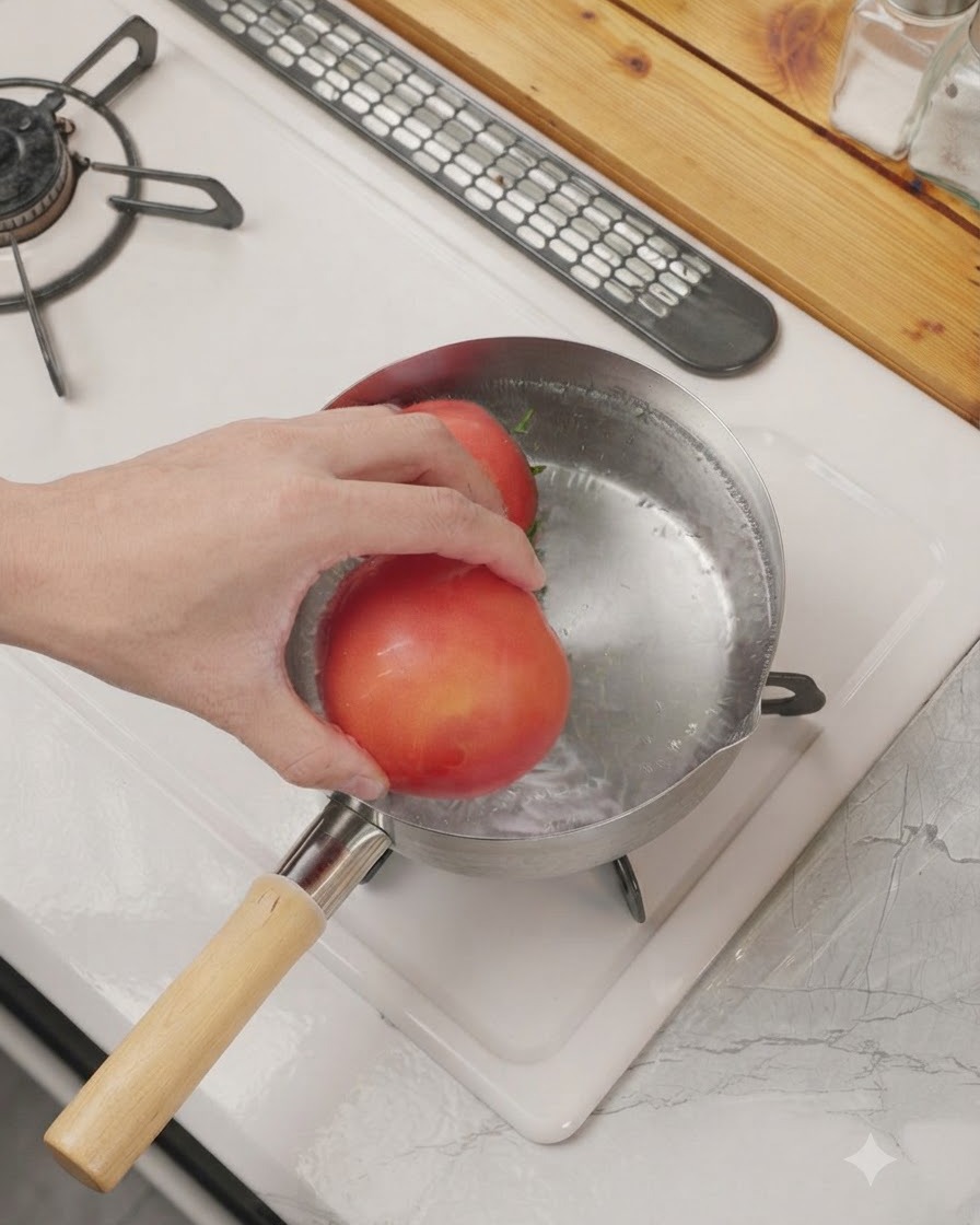 Tomaten in einem kleinen Topf mit kochendem Wasser auf dem Herd.