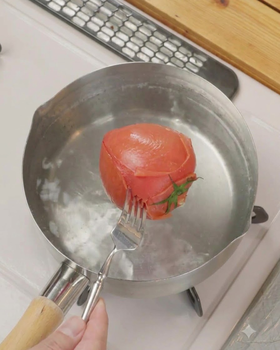 Die äußere Haut einer heißen, blanchierten Tomate wird mit einer Gabel abgezogen.