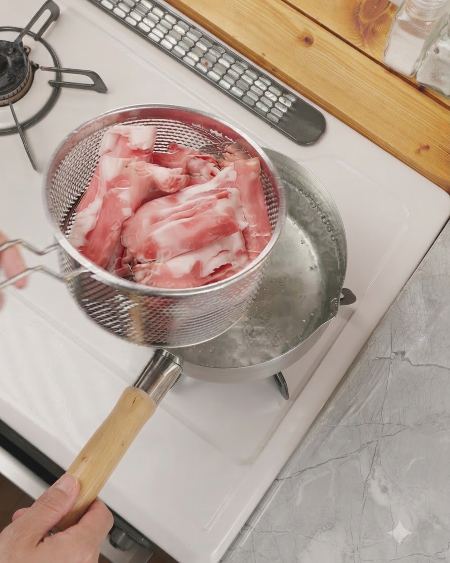 Ein Sieb mit dünn geschnittenem, rohem Rindfleisch über einem Topf mit kochendem Wasser.