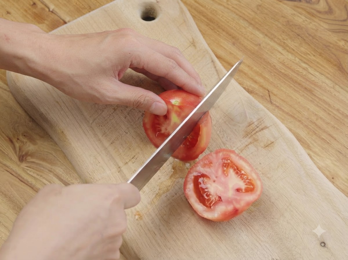 Ein Messer schneidet eine geschälte Tomate auf einem Holzschneidebrett in zwei Hälften.