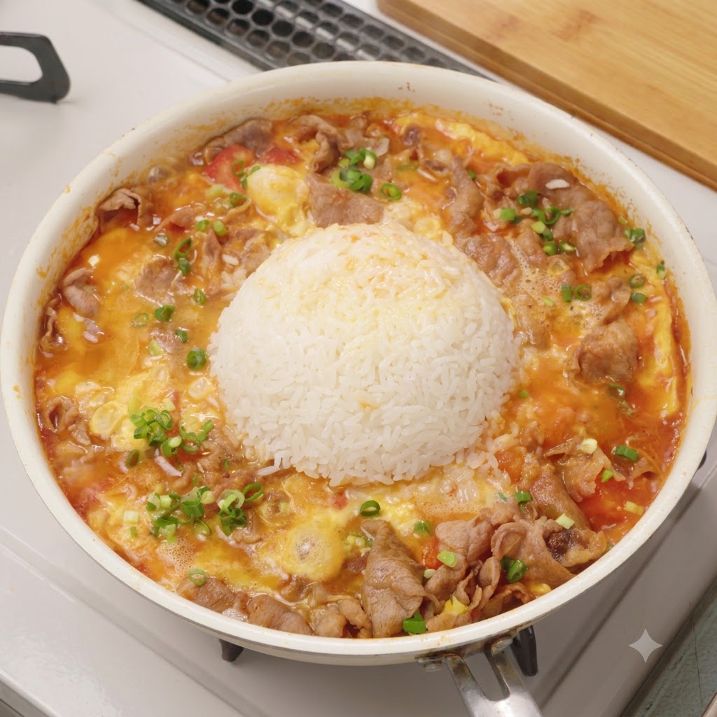 Eine weite Pfanne, gefüllt mit einer fertigen Tomaten-Rindfleisch-Eier-Mischung, in deren Mitte sich eine geformte Kugel aus weißem Reis befindet, garniert mit Frühlingszwiebeln.