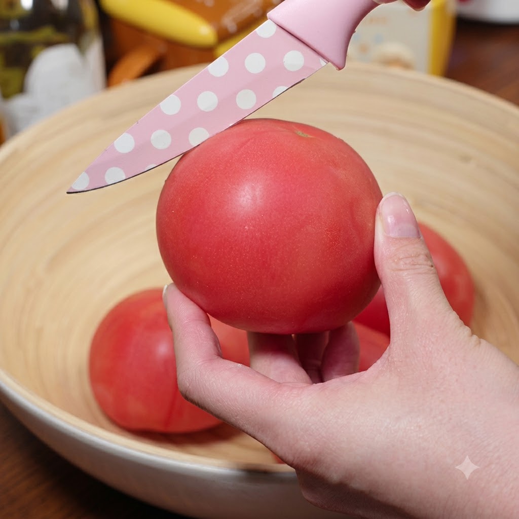Nahaufnahme einer Hand, die eine frische rote Tomate mit einem gemusterten Messer in einer Holzschüssel einschneidet.