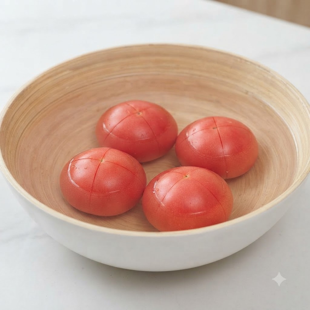 Vier eingeschnittene Tomaten in einer Holzschüssel voll heißem Wasser.