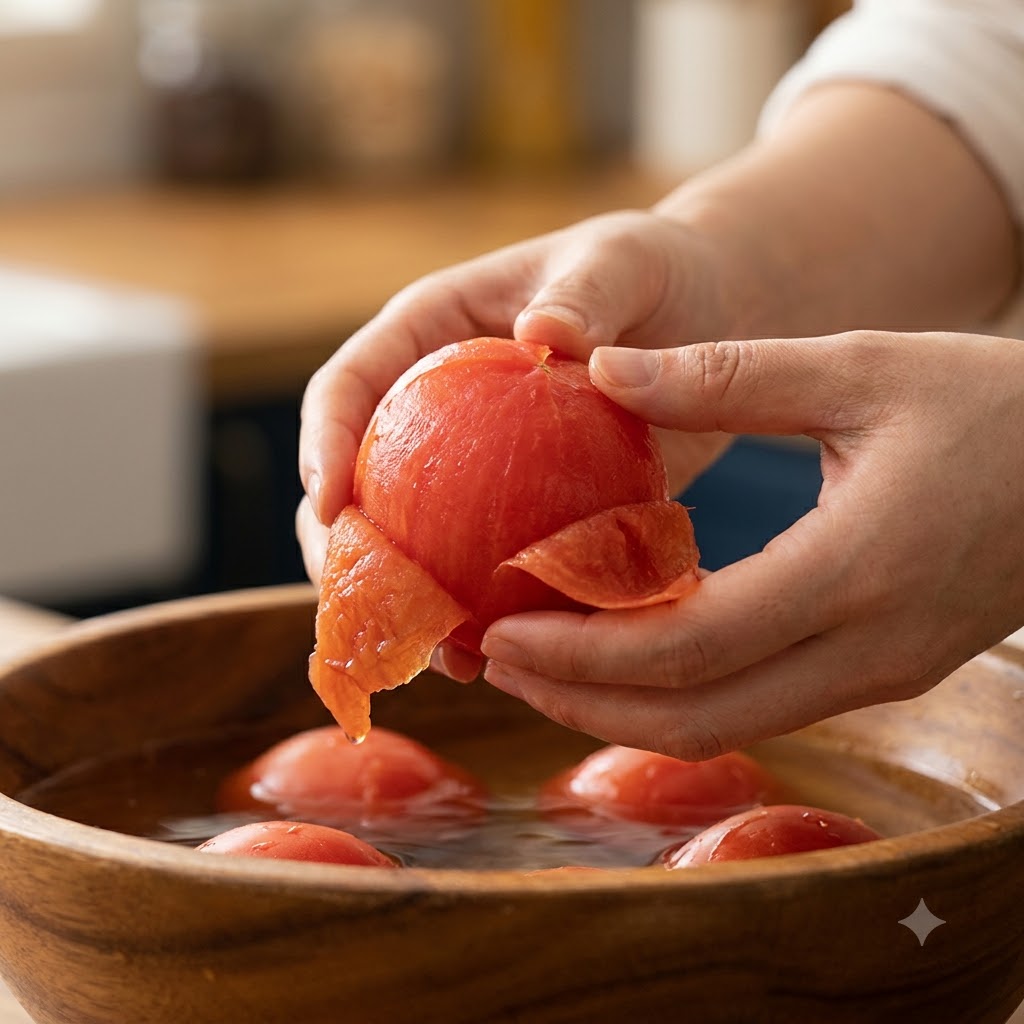 Eine Person zieht die Haut einer überbrühten Tomate ab.