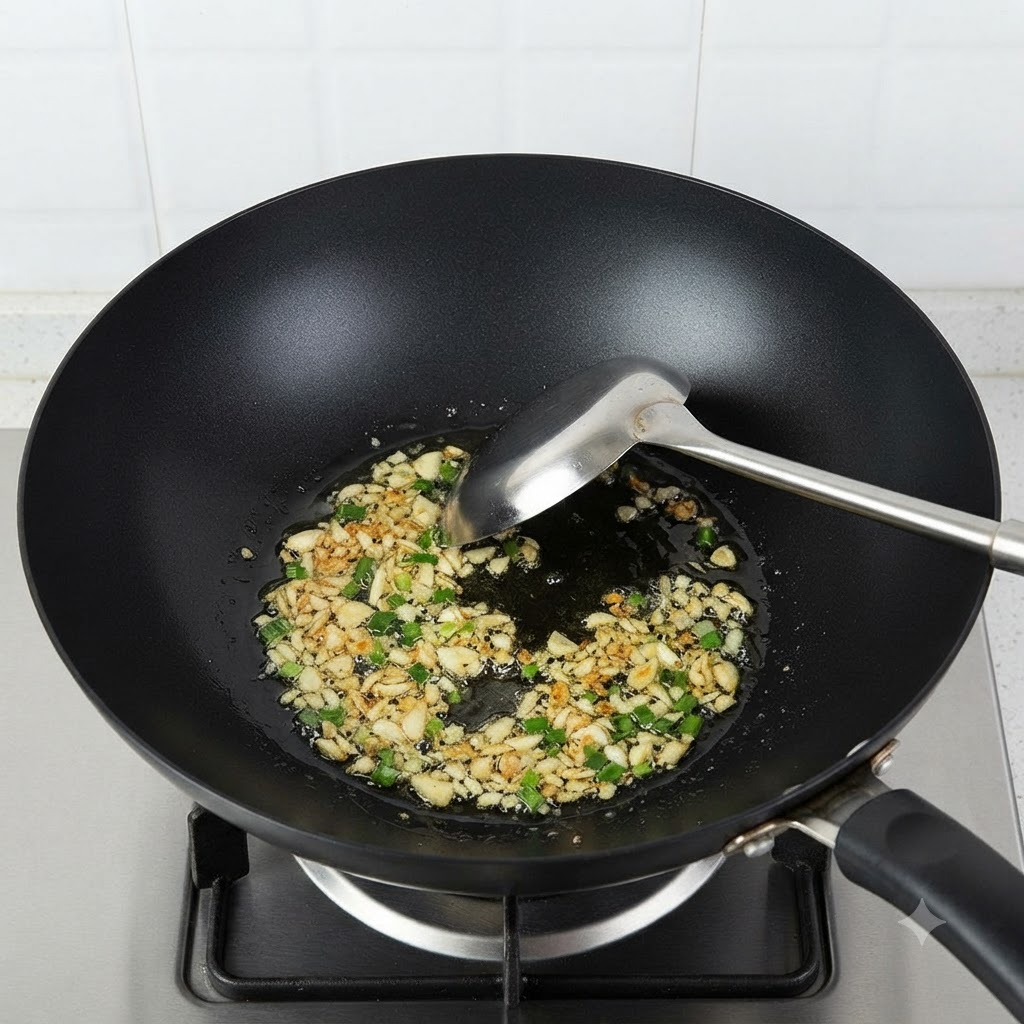 Minced garlic and green onions sizzling in cooking oil inside a black wok.