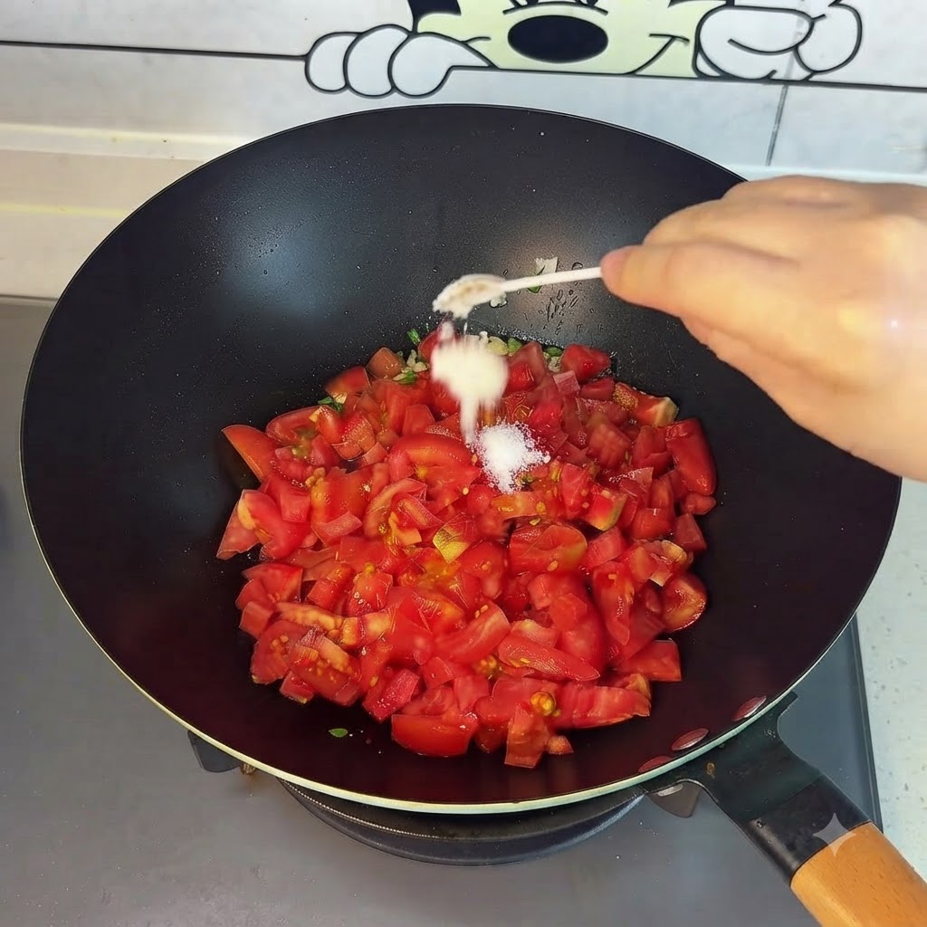 Tomatoes being stir-fried and pressed down in the wok with a spoon.