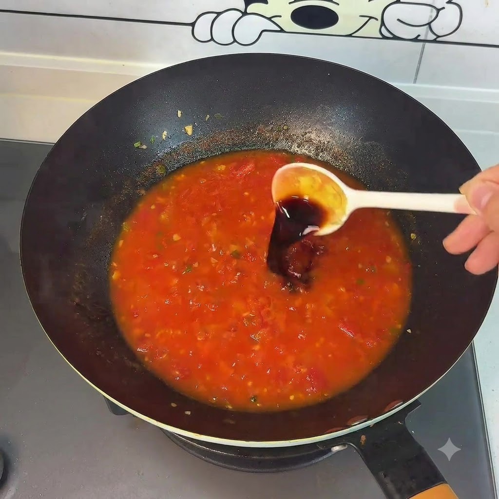 Dark sauce being poured from a spoon into the vibrant red tomato soup base in the wok.