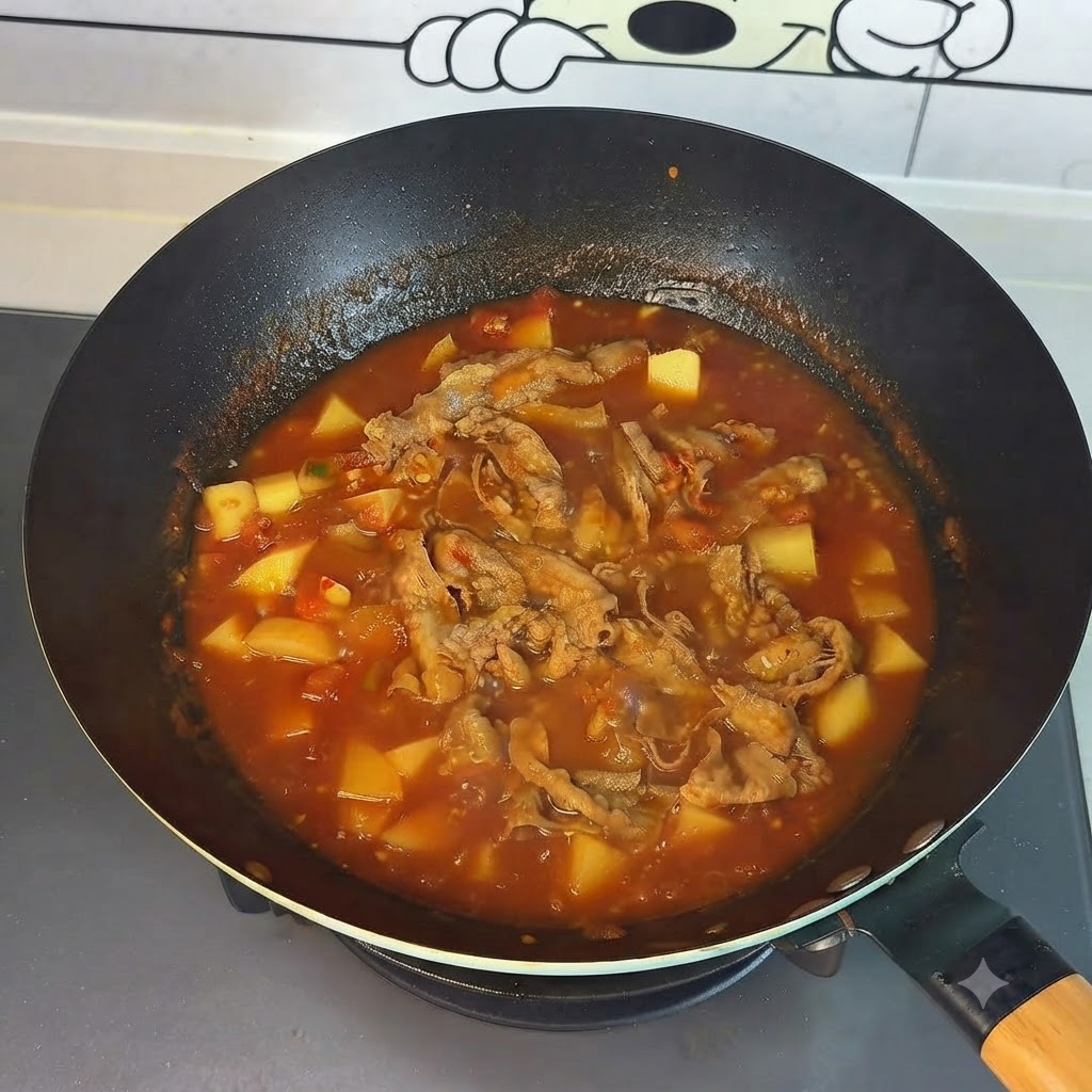 Finished tomato potato beef roll hot pot in the wok ready to be served.