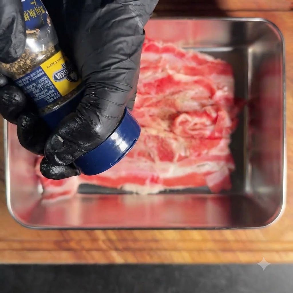 Dünn geschnittenes rohes Rindfleisch in einer Metallschale wird mit schwarzem Pfeffer gewürzt.