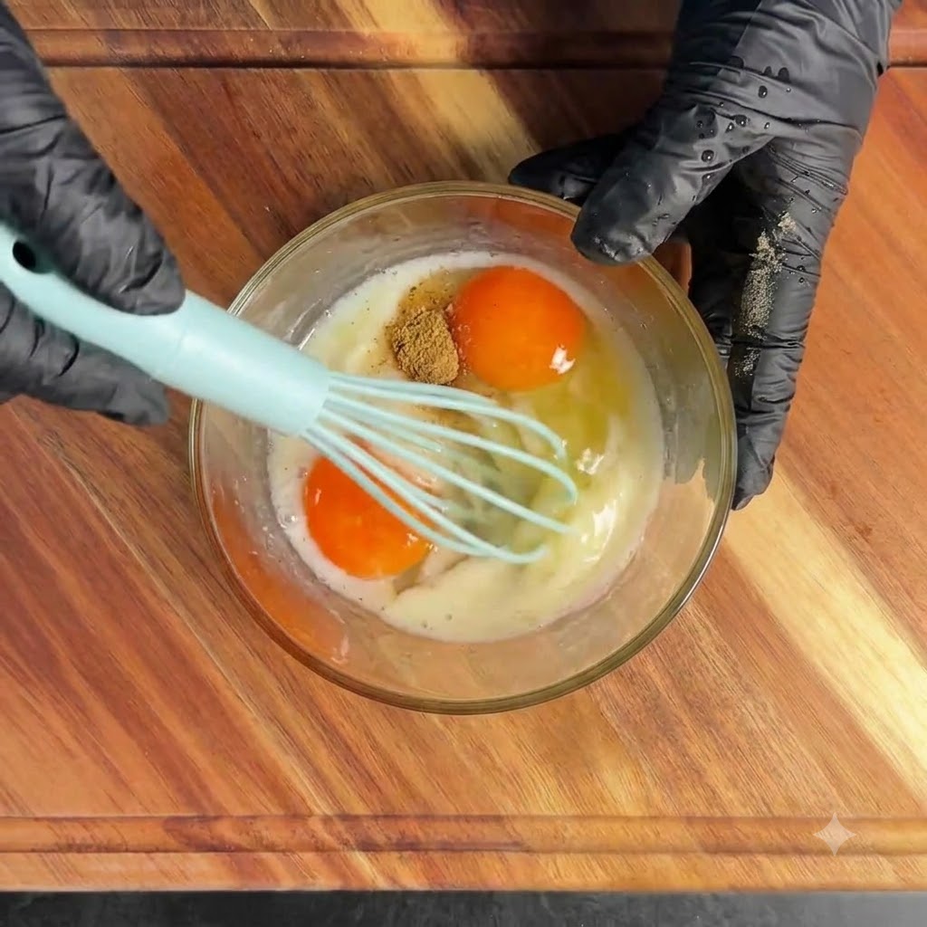 Zwei Eier werden mit Stärke, Wasser und schwarzem Pfeffer in einer Glas Schüssel zu einer glatten Mischung verquirlt.
