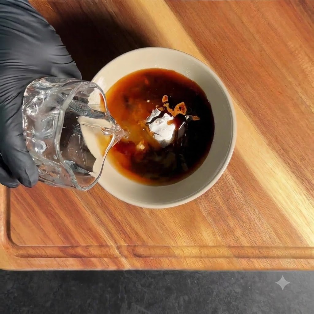 Die Teriyakisauce-Zutaten Sojasauce, Austernsauce, Honig und Stärke werden in einer Schüssel mit Wasser vermischt.