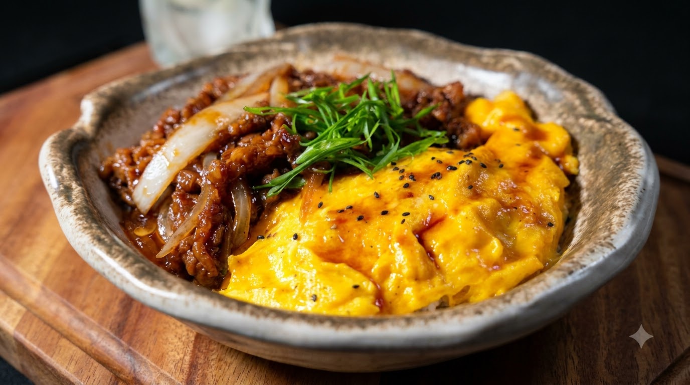 Teriyaki-Rinder-Reisschüssel mit weich gerührtem Ei
