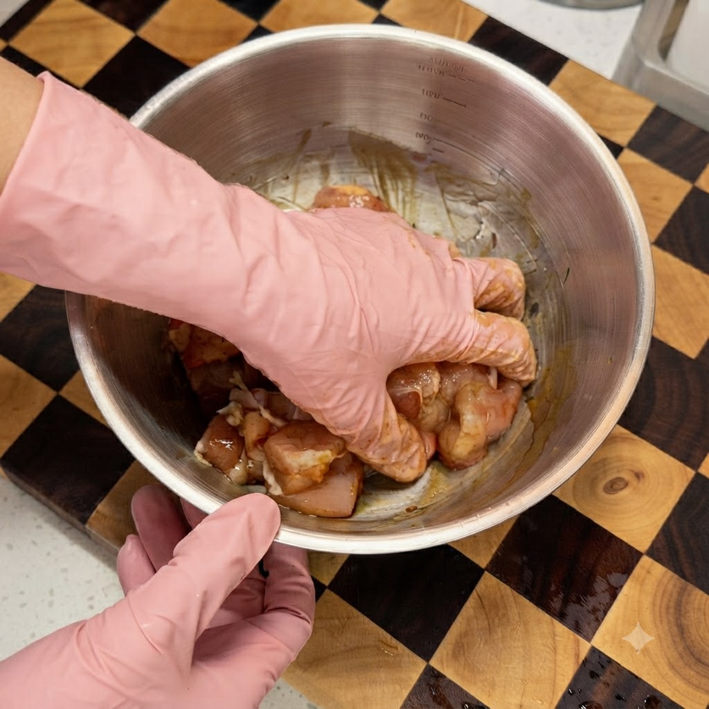 Eine Hand in einem rosa Handschuh mischt rohe, marinierte Hähnchenstücke in einer Edelstahlschüssel.