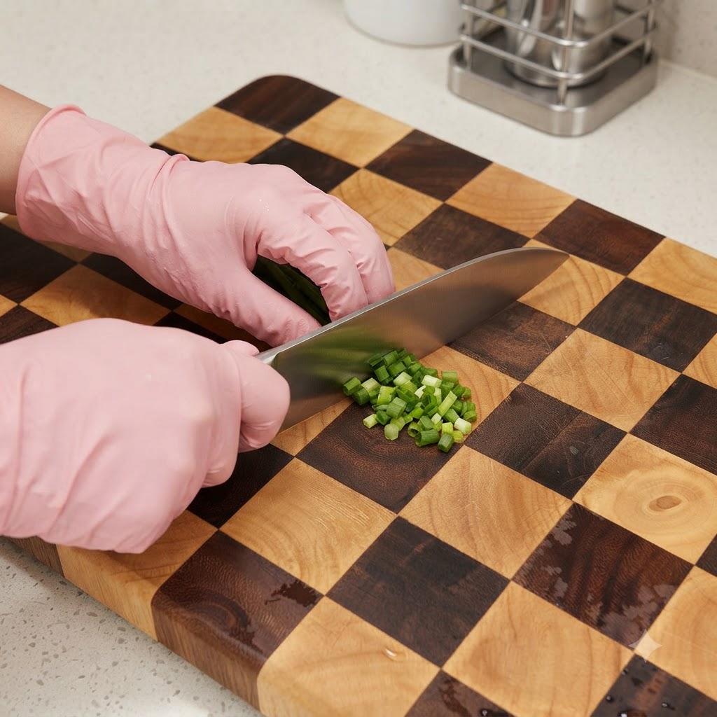 Hände in rosa Handschuhen schneiden frische Frühlingszwiebeln mit einem großen Messer auf einem karierten Schneidebrett.