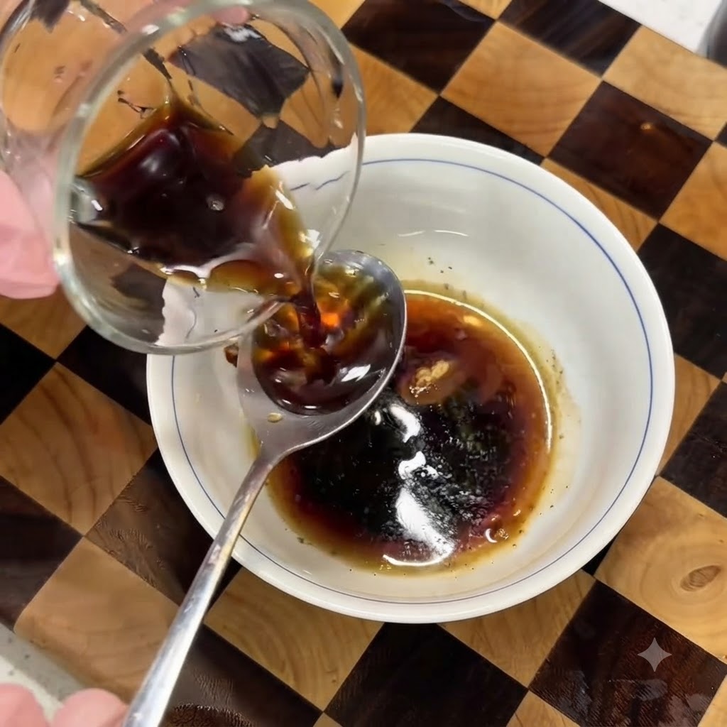 Eine dunkle Flüssigwürze wird aus einem Glas in eine kleine weiße Schüssel gegossen, die eine Mischung aus Sojasauce und Gewürzen enthält.