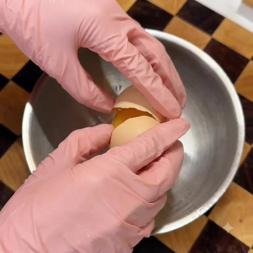 Hände in rosa Handschuhen schlagen ein frisches Ei in eine Edelstahlschüssel auf.