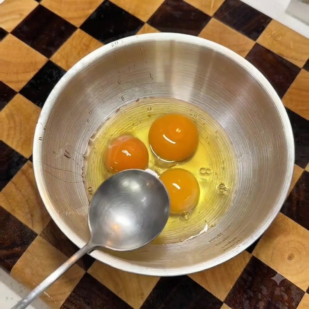 Eine Schüssel mit aufgeschlagenen Eiern, die mit einem Löffel und etwas Wasser verquirlt werden.