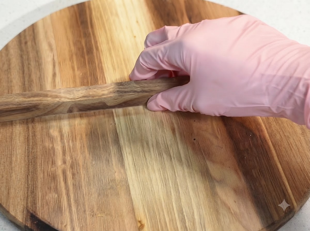 Eine Hand in einem rosa Handschuh legt einen Holzdeckel auf eine Pfanne.