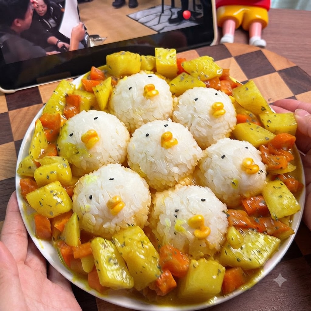 Mit einer Pinzette werden Sesamsamen und Mais auf einem Reisball platziert, um ein Küken Gesicht zu formen.
