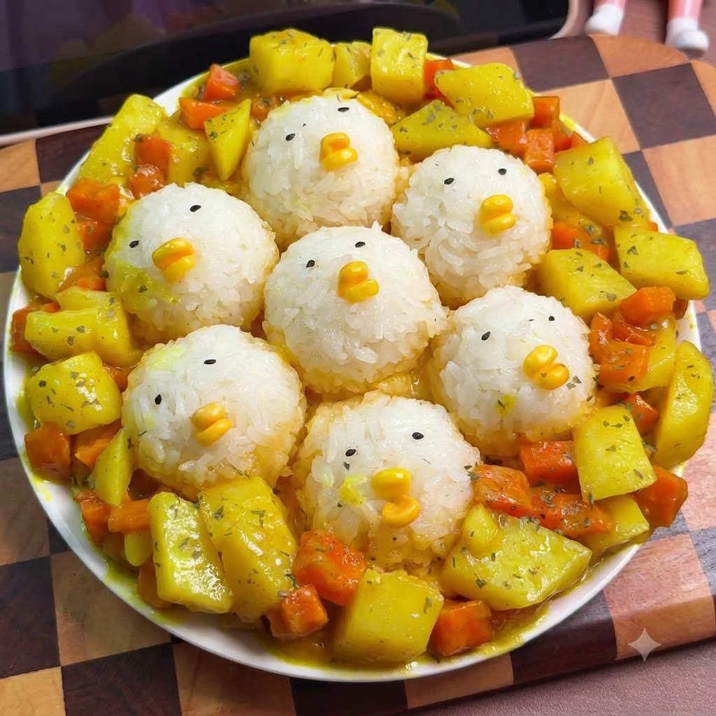 Curryblock und Wasser werden zu angebratenen Kartoffeln und Karotten in eine Pfanne gegeben.