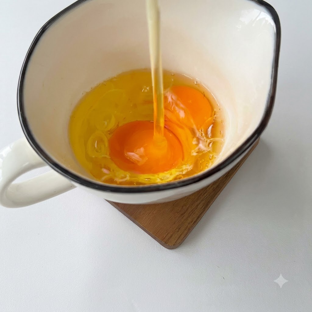 Eier werden in einer Glasinnerschüssel mit einem Schneebesen verquirlt.