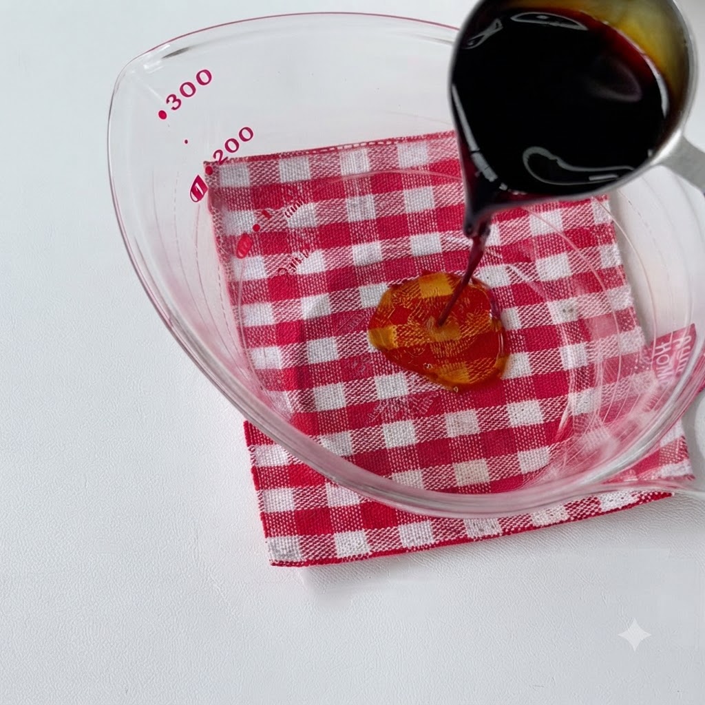Saucenzutaten werden in einem Glasmessbecher auf einem rot karierten Tuch abgemessen und gegossen.