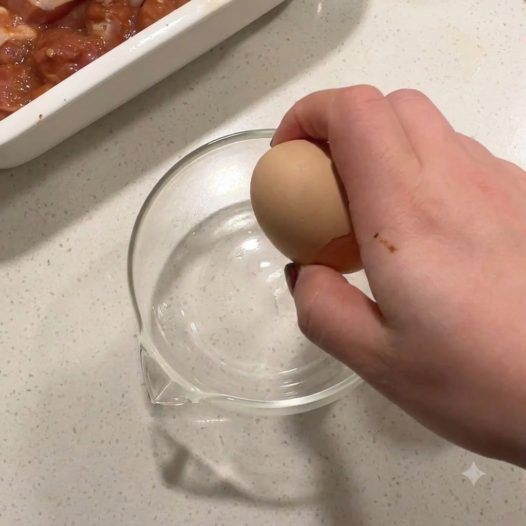 Eine Hand schlägt ein Ei in eine Glasschüssel neben einem Behälter mit mariniertem Hähnchen.