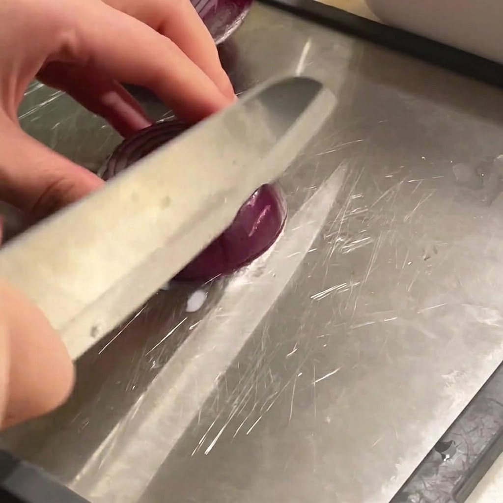 Ein scharfes Messer schneidet eine rote Zwiebel auf einem Schneidebrett.